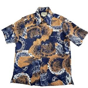 Vintage 70s Tori Richard Hawaiian Shirt Mens L Blue Brown Mandala Geometric